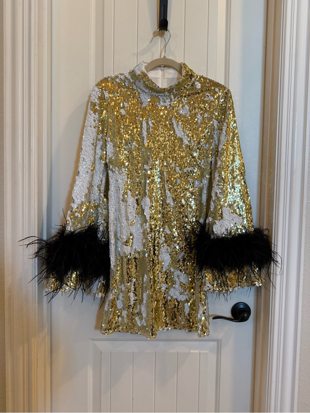 Anthropologie Gold Sequin Mini Dress with Black Feather Cuffs - Picture 2 of 4